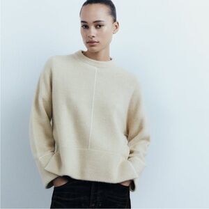 ZARA heavy soft IVORY knit SWEATER PIPING boxy slouchy wool acrylic crew neck Lg